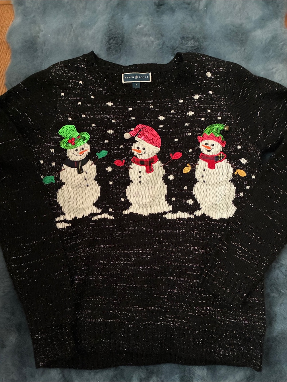 Karen Scott Black Holiday Snowman Trio Sweater with Bright Accents